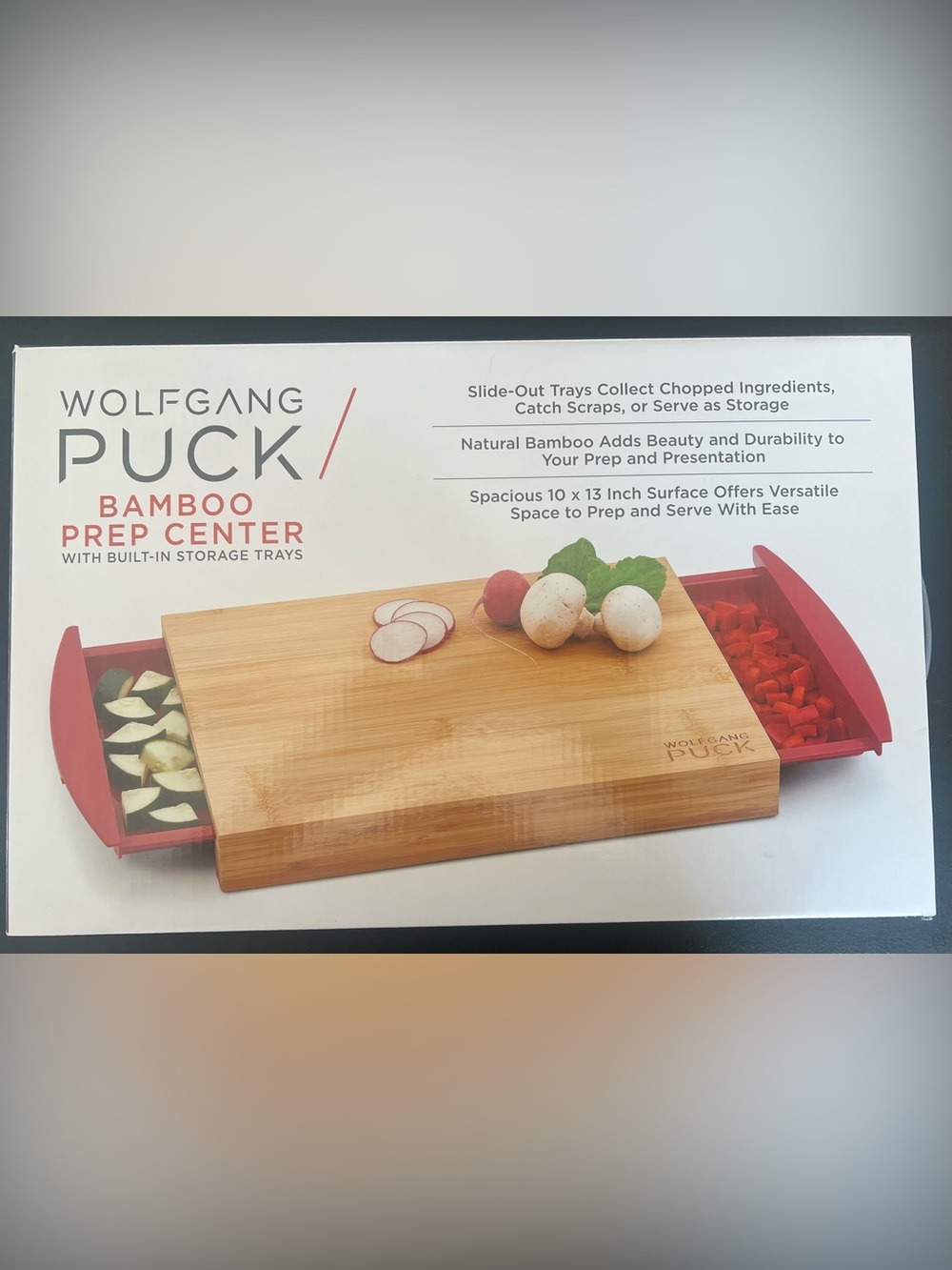 Wolfgang Puck Bamboo Prep Center Cutting Board w/ Storage Trays NIP